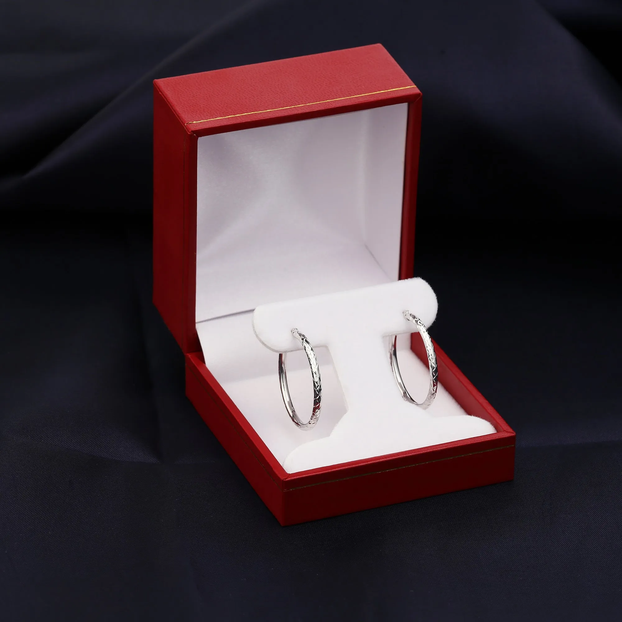 14K White Gold Diamond-cut Round Hoop Earrings, Hand Engraved X Diamond-cut Round Hoop Earrings, Small Medium Large Hoops