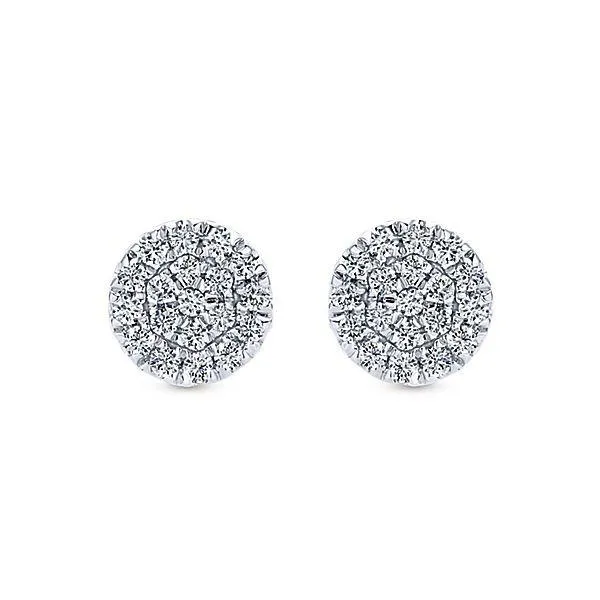 Pave Diamond Circle Cluster Stud Earrings 14K White Gold