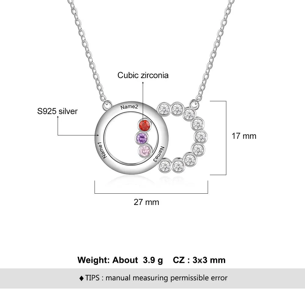 Personalized Name Interlocking Circle Pendants Custom 3 Birthstones Necklaces