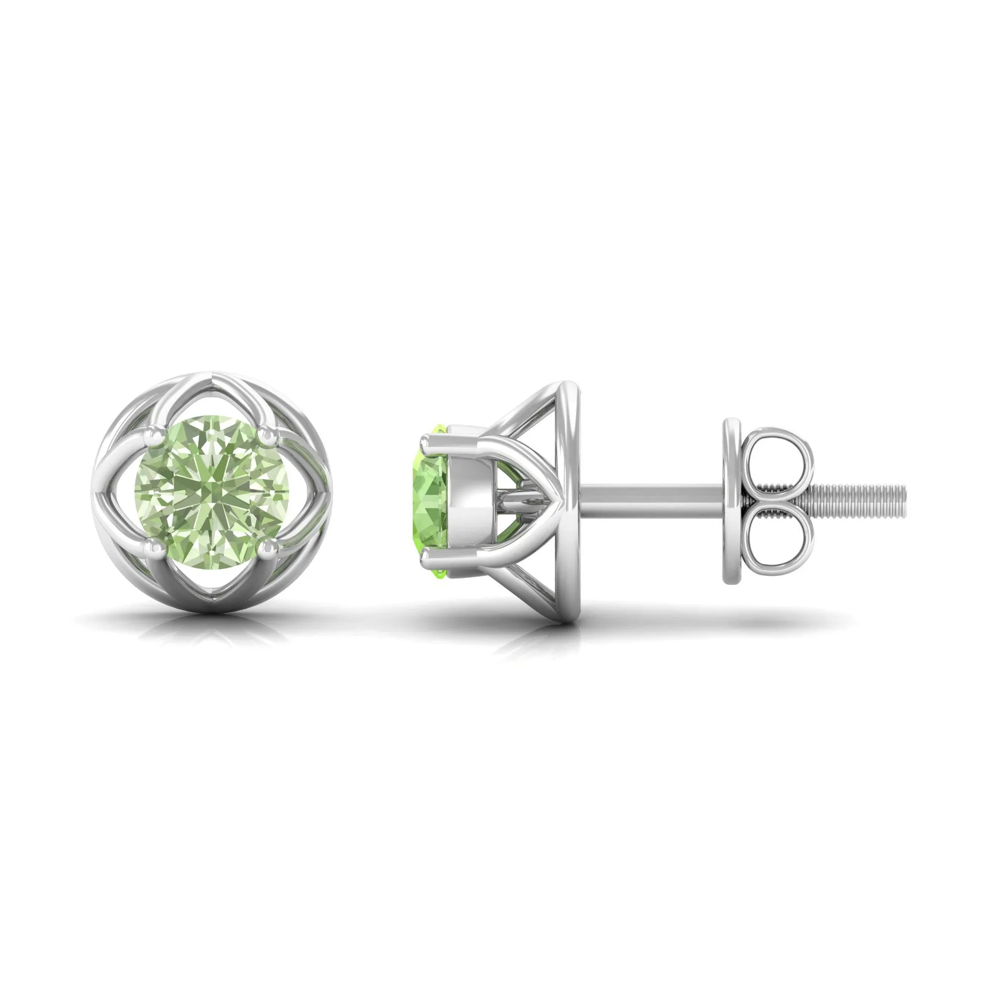 Round Green Sapphire Solitaire Flower Stud Earrings